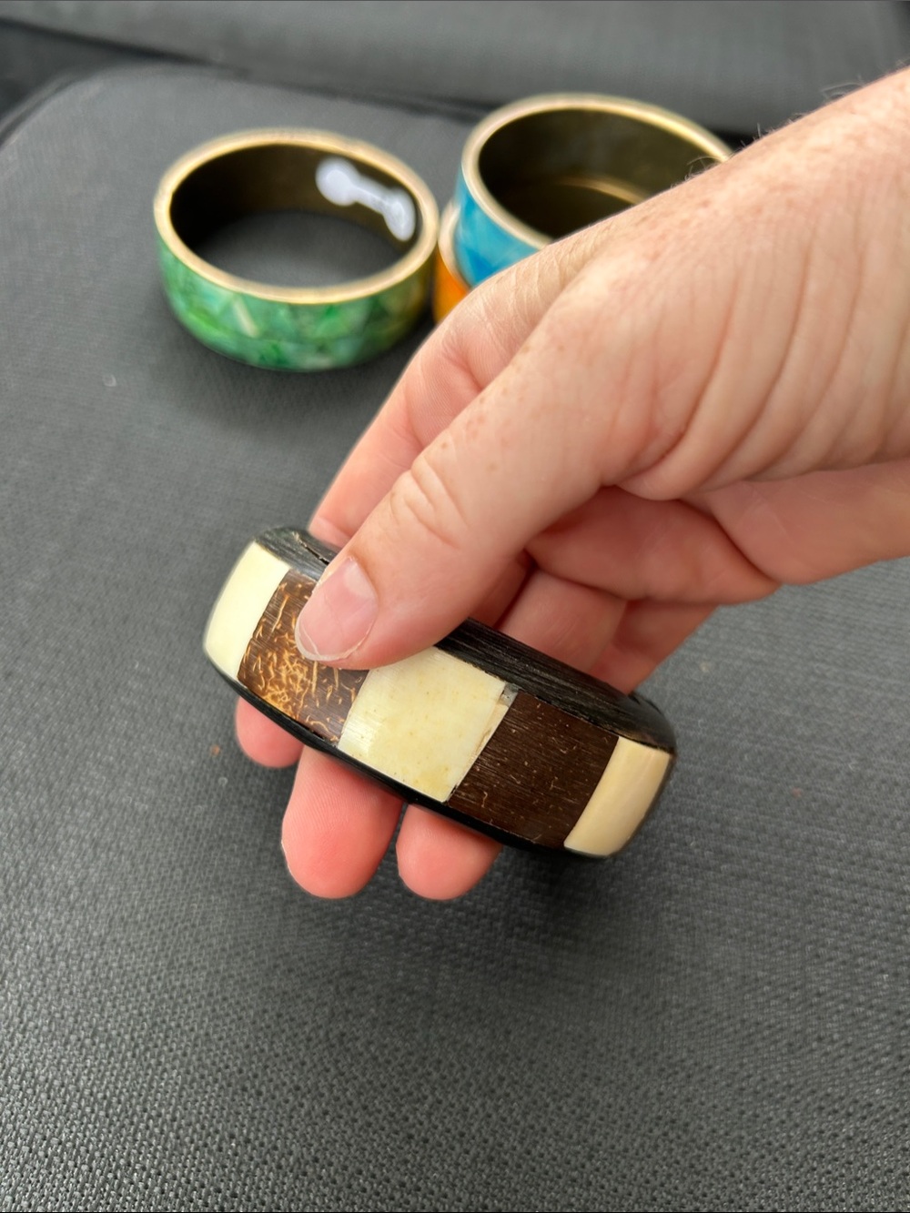 Vintage Wood & Bone(or shell)Block Bangle 70s Boho Checkerboard Bracelet
